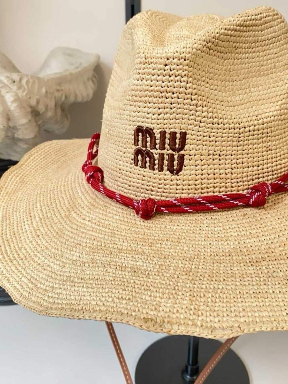 Miu Miu Raffia Wide Brim Cowboy Hat, Red Braided Strap Windproof Straw Sun Hat - Picture 7 of 9